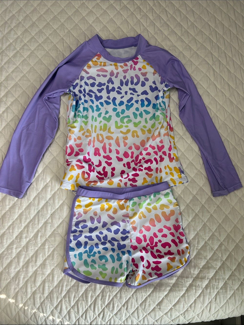 Girls' Purple Rainbow Print Rashguard Set - Long Sleeve Swim Top & Shorts